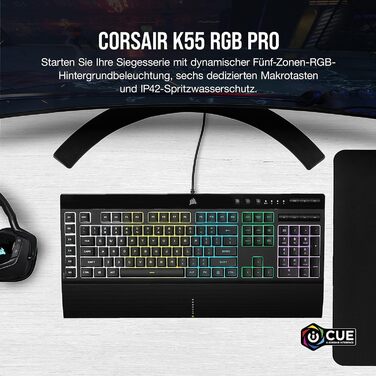 Клавіатура Corsair K55 RGB PRO, провідна, мембранна, QWERTZ DE, чорна, IP42, 6 макро-клавіші, сумісна з iCUE, для PC, Mac, Xbox