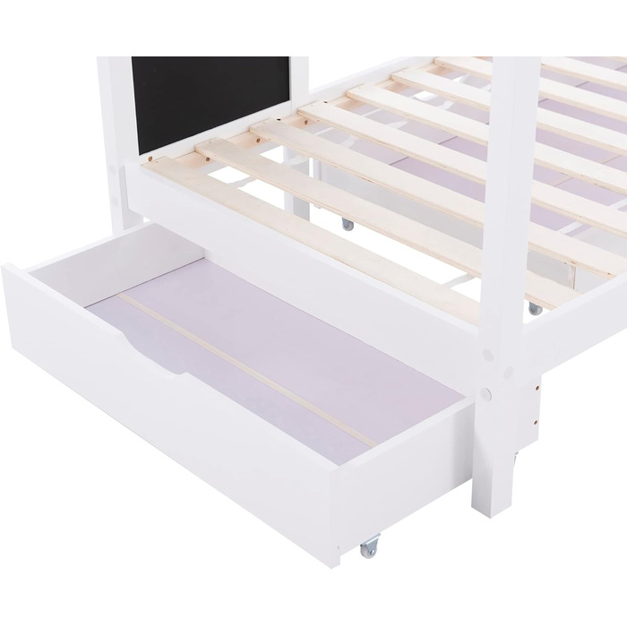 Дитяче ліжко Merax Ліжко із захистом від випадання, дерев'яне ліжко з ящиками та рейковою основою, дитяче ліжко з масиву дерева з дошкою, односпальне ліжко для дитячої та молодіжної кімнати, без матраца, 90 x 200 см, біле ліжко 90 x 200 см біле ліжко
