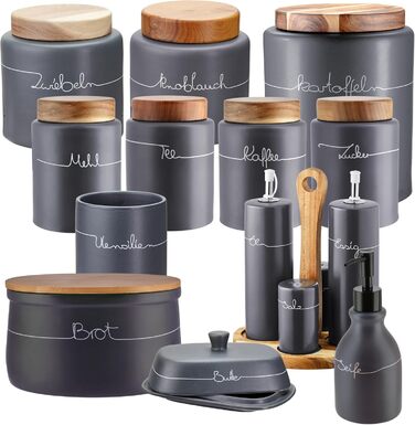 Контейнер для зберігання KHG, кераміка, сірий антрацит з дерев'яним кришкою, 4 кг, круглий, з маркуванням, набір, висота 28 см