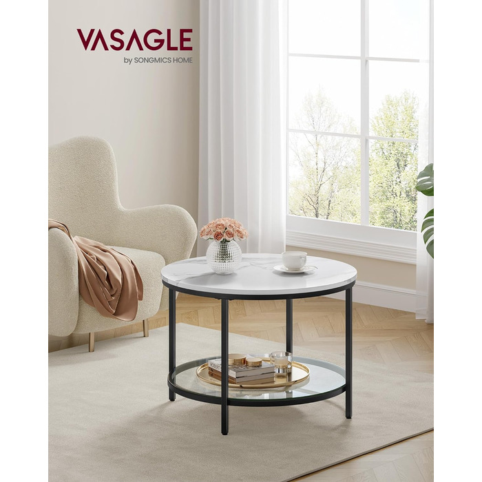 Журнальний столик VASAGLE, стіл для вітальні, журнальний столик, для вітальні, зі скляною стільницею, багато місця для зберігання, легка збірка, сучасний стиль, мармуровий білий чорнильний чорний LCT071B13 (65 x 46 см, мармуровий білий чорнильний чорнило)