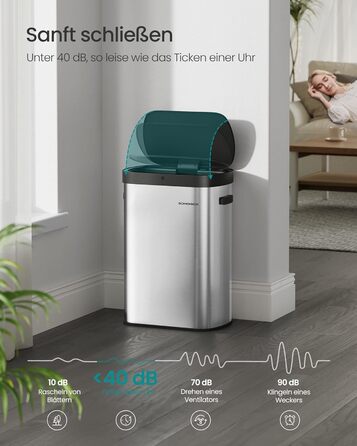 SONGMICS Відро для сміття з сенсором, автоматичне, 50 л, відкриття рухом руки або дотиком, Softclose-кришка, сталь, з 15 мішками для сміття, LTB640B02 (металік срібло + чорний)