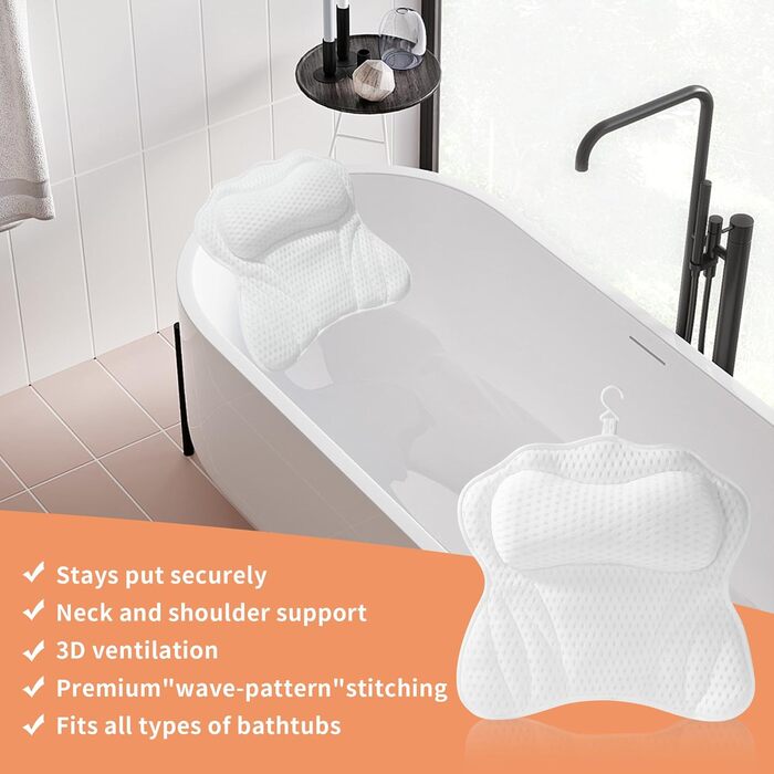 Підголовник для ванни з 6 присосками, 4D-Air Mesh, підтримка голови, шиї, плечей, спини, для всіх ванн (білий)