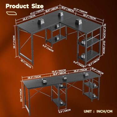 Письмовий стіл Bestier L-подібний з полицями, двосторонній, стійкий, 2 отвори для кабелю, 120 x 120 см, чорне вуглецеве волокно