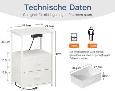 Приліжкова тумбочка Coleshome біла з USB, розеткою та LED-підсвіткою, 2 висувні ящики та полиця, для невеликих спалень, 40x30x60 см, в упаковці 1 шт.
