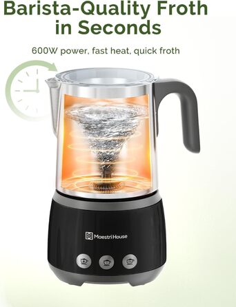 Електричний спінювач молока Maestri House 500 мл 4-в-1 з керуванням Smart Touch, функція пам'яті, для лате, гарячого шоколаду та теплого молока, чорно-сірий