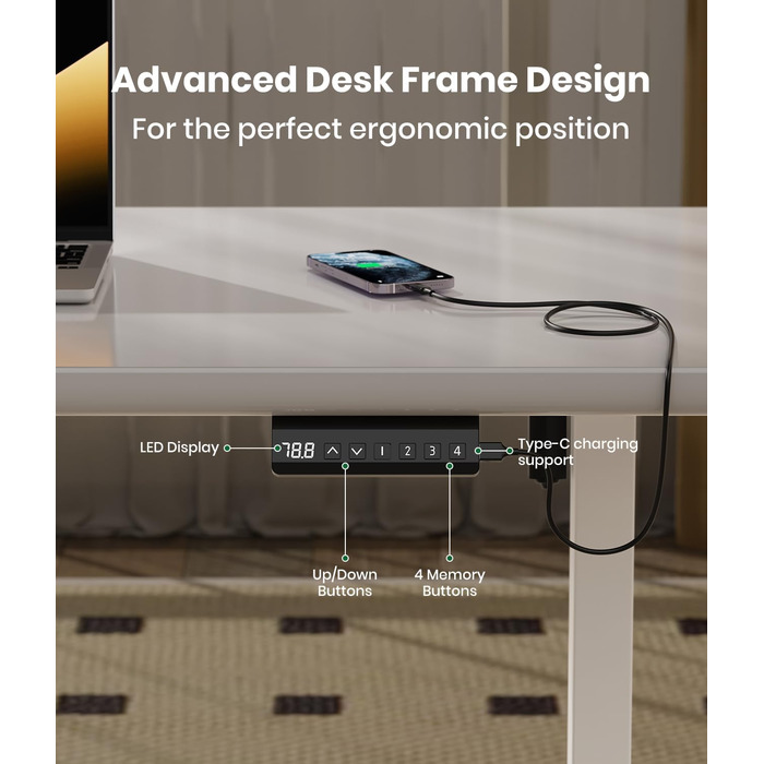 Електричний стіл з регулюванням висоти, білий. Стільниця з USB-C, пам'ять, 2 гачки. Міцний, з двома моторами