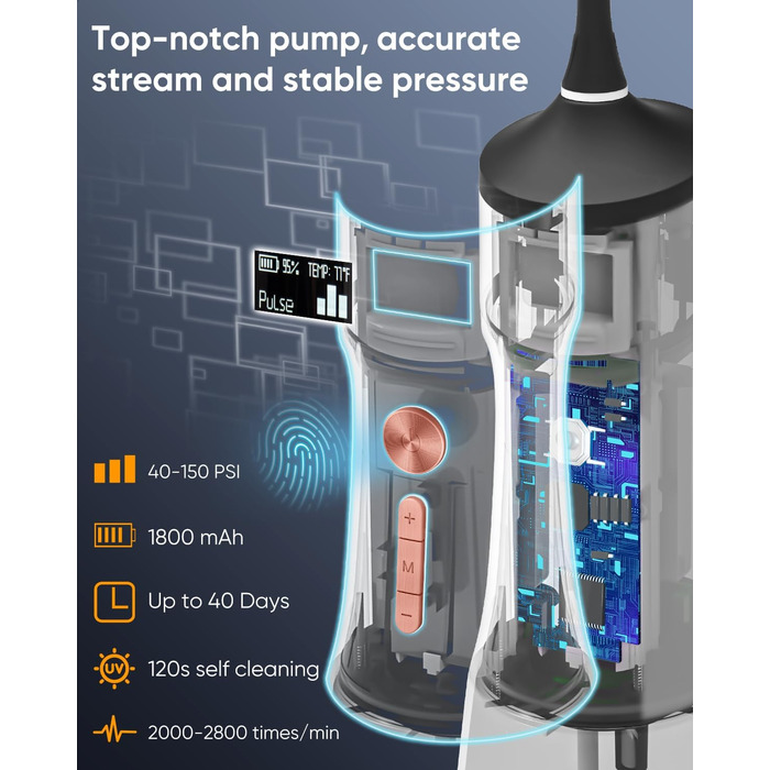MySmile LP221: Бездротовий ірigator для зубів з UVC стерилізацією, 335 мл, OLED-дисплей, 4 режими, 8 насадок, для дому та подорожей, чорний