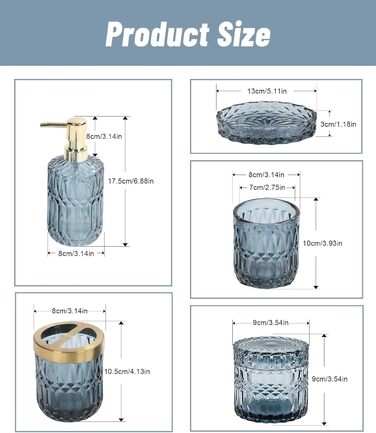 Набір аксесуарів для ванної кімнати з прозорого скла, сучасний, в т.ч. тримач для зубних щіток і мильниці, синій, 5 шт.