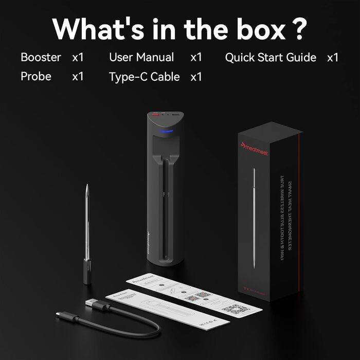 Бездротовий термометр для м'яса з Wi-Fi та Bluetooth, моніторинг через додаток, таймер та сповіщення, водонепроникний (IP67) та маслостійкий, для BBQ, духовки, гриля, кухні MMP1