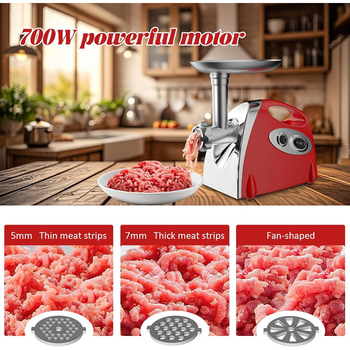 Електрична м'ясоподрібнювач Fleischwolf 2800W, 3 диски, з насадкою для ковбаси, потужність 2800 Вт, швидкість подрібнення 1,5 кг/хв (червоний)