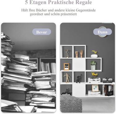 Книжкова шафа SOARS, Сходова полиця з 5 рівнями, Дерев'яна полиця для перегородки кімнати, Сучасна полиця для сходів, Стояча полиця, Кубічна полиця для офісу, Вітальні, Спальні (Біла)