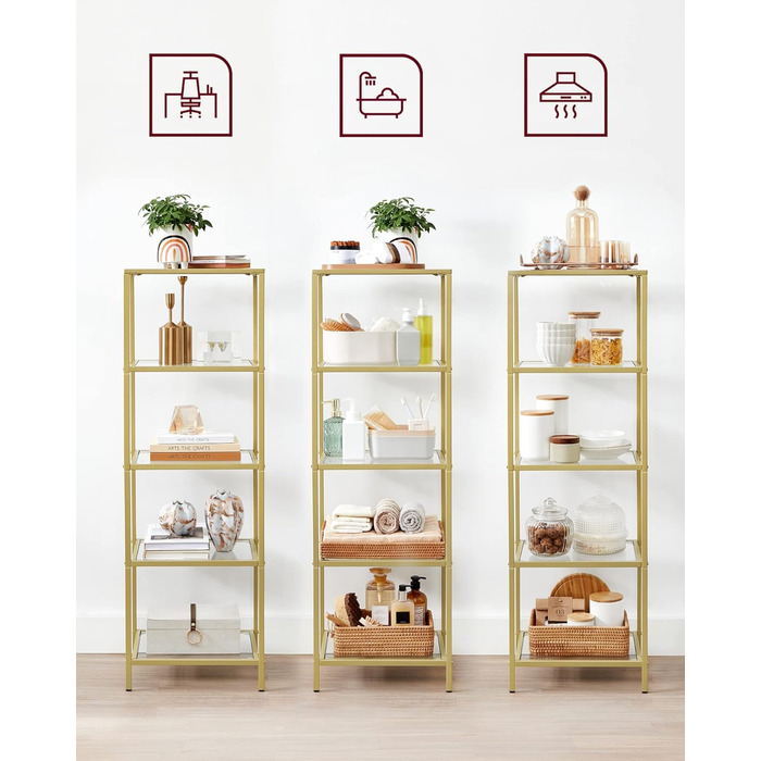 Регал VASAGLE з 5 полицями для ванної, вітальні, кухні, офісу. Скляна полиця, металевий каркас, проста збірка, 40B x 124,5H см.