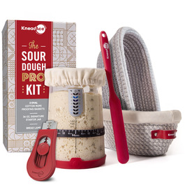 Набір для закваски KneadAce: банка 680.4 г, 2 корзини для вистоювання Banneton, лама для надрізання хліба, подарунок для пекаря. Комплект для випікання заквасового хліба (680.4 г, 2 корзини, червона лама)