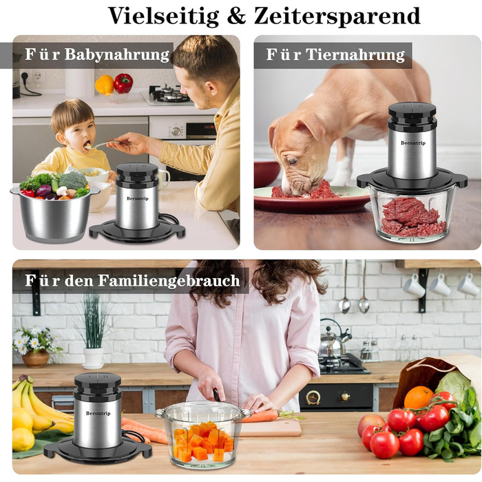 Електричний подрібнювач для кухні [500W] з нержавіючою сталлю, 2L чаша (скло+нержавіюча сталь) – кухонний комбайн для дитячого харчування, м'яса, овочів, цибулі (мідний двигун)