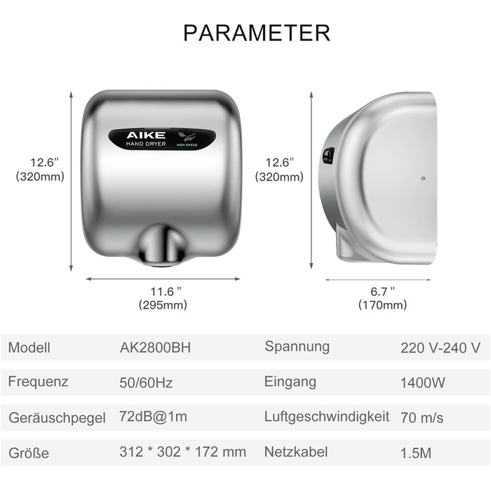 Електричний сушар для рук AIKE AK2800B ECO з датчиком, HEPA-фільтром та нержавіючою сталлю, 10-15 сек сушіння
