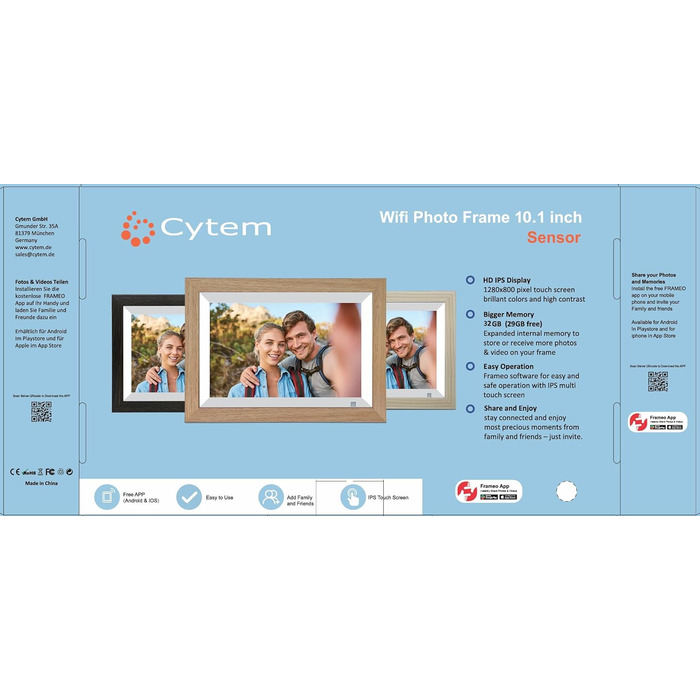 Цифровий фоторамка Cytem 10.1 дюйма з Wi-Fi, 32GB, сенсор руху, IPS 16:10, сенсорне управління, коричневе дерево, FrameO Software