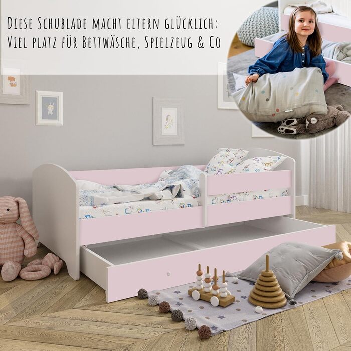 Дитяче дитяче ліжко Kids Collective 140x70 см з матрацом і ящиком, захистом від падіння та рейковим каркасом білий (80 x 160 см матрац, рожевий)