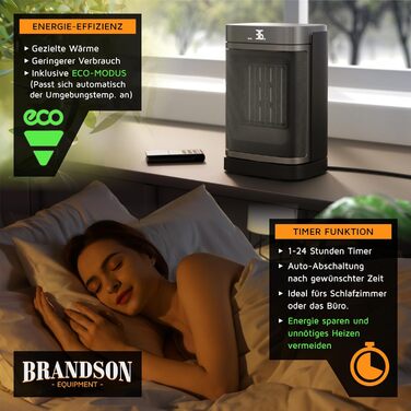 Керамічний обігрівач Brandson з дистанційним керуванням, тихий, енергозберігаючий, з осциляцією, дитячим замком та таймером. Ідеально для ванної, вітальні, офісу та дитячої кімнати. Без Wi-Fi