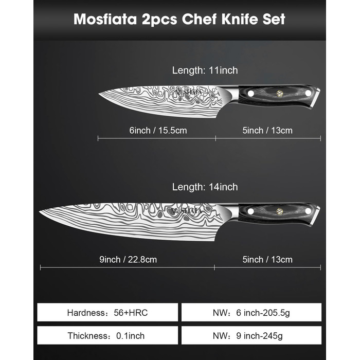 MOSFiATA Набір кухонних ножів: ніж шеф-кухаря та сантку, з нержавіючої сталі, професійний, з подарунковою коробкою