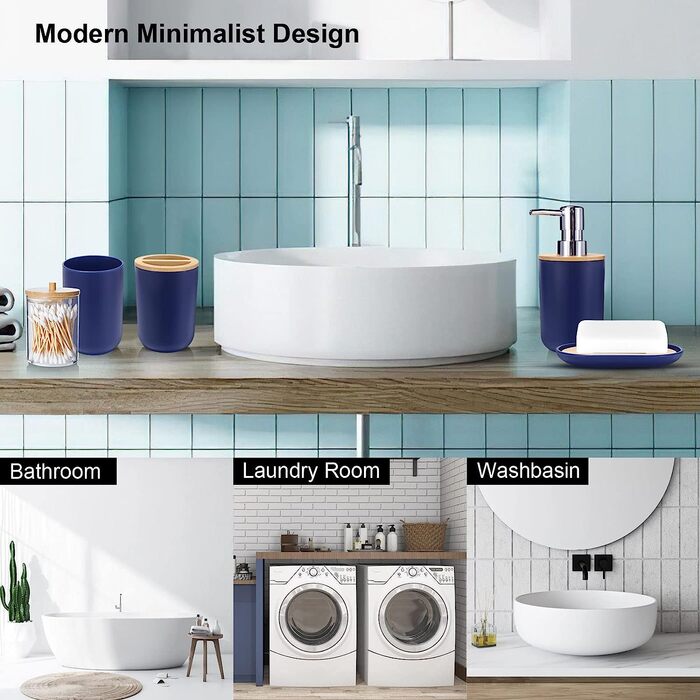 Набір аксесуарів для ванної кімнати SLDIYWOW 9 шт. (Морська блакить): Мülleimer, лоток, дозатор мила, тримач для зубних щіток, стаканчик для щіток, мильниця, WC-щітка, тримач для ватних паличок