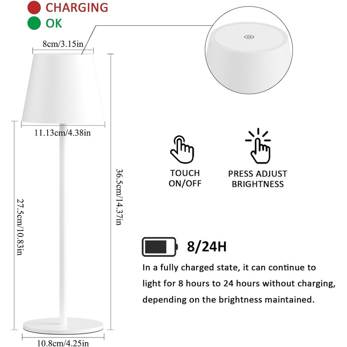 LED-лампа K-Bright 2 шт. з регулюванням яскравості, акумуляторна, бездротова, перезаряджувана, 3000K/4000K/6000K, три колірні температури, USB-C, IP54, вологостійка, білий колір