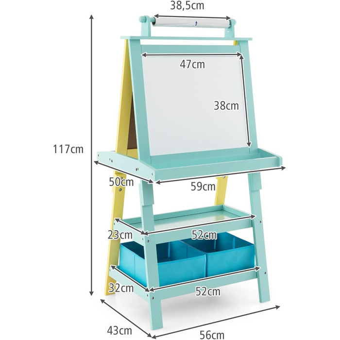 Двосторонній дерев'яний дитячий мольберт DREAMADE з полицею, рулоном паперу, дошкою та крейдяною дошкою