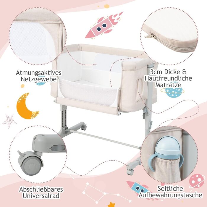 Дитяче ліжко-гойдалка Dreamade 2 в 1 з регулюванням висоти, 86 x 63 см, для новонароджених до 9 кг, з матрацом та колесами, похил 10° (Бежевий)