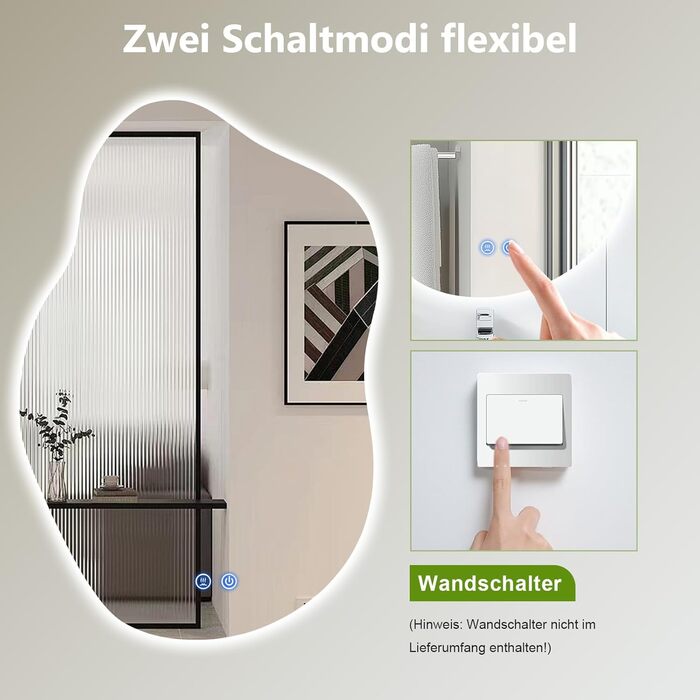 LED дзеркало для ванної кімнати з підсвічуванням 70x50 см, холодне світло 6000K, енергозберігаюче, диммер, антизапітніння