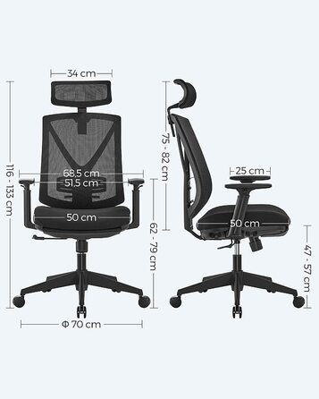 Офісний стілець SONGMICS з підставкою для ніг, ергономічний, з підтримкою попереку, регульованою головою та підлокітниками, регулюванням висоти та функцією гойдання, до 150 кг, чорний OBN61BKV1