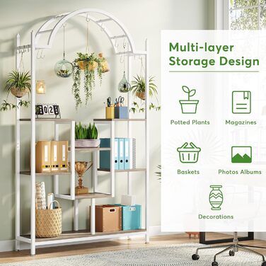 Плантатор Tribesigns з 5 полицями для дому, металева конструкція, полиці-арки з гачками, велика підставка для квіткових горщиків, для саду, балкону, вітальні, білий та сірий