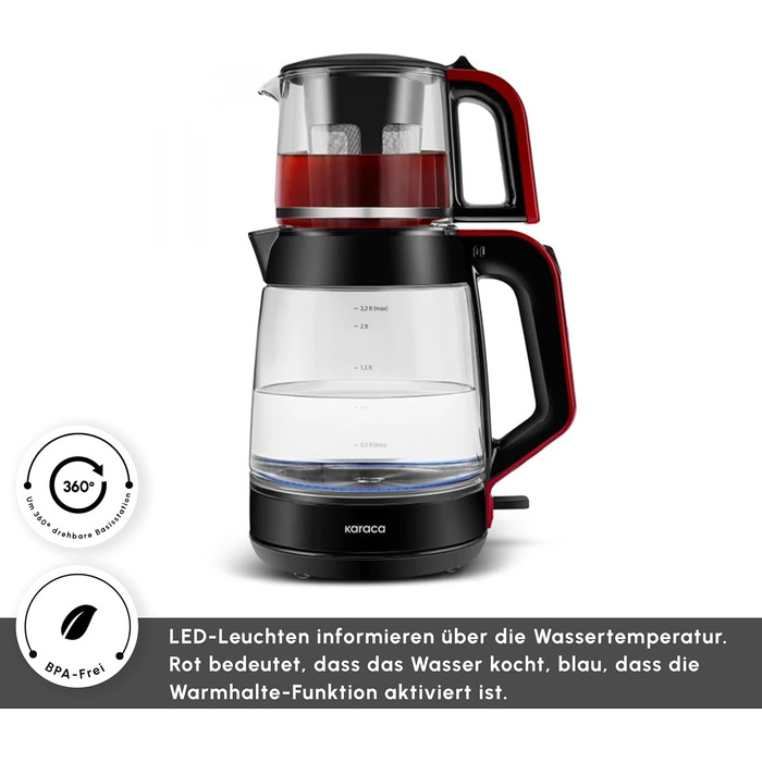 Чайник-заварник Karaca Glass XL 2 в 1 Shiny Black, 0.9л, 2.2л, LED, автоматичний, з обертовою основою