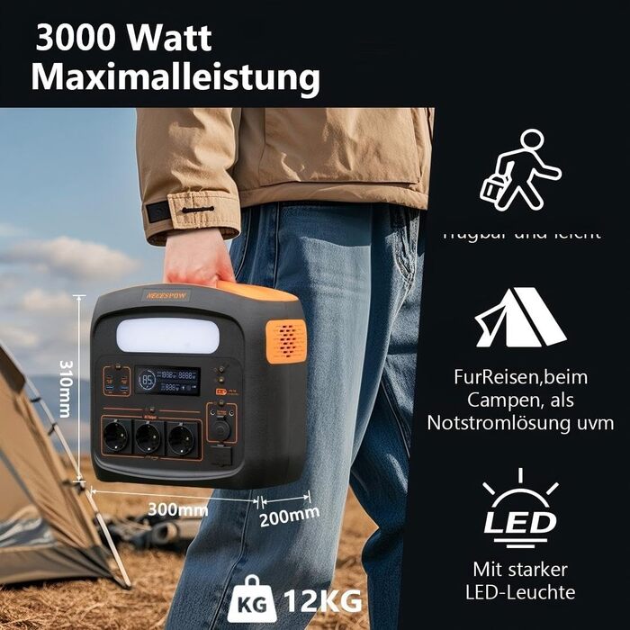 Портативна електростанція 3000W, 1102.5Wh LiMnFePO4, швидка зарядка 90хв, PD 100W, USB-C/AC/DC, сонячна панель, для кемпінгу, резервне живлення, на відкритому повітрі (Помаранчевий + Чорний)