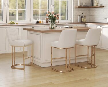 Набір з 2 барних стільців з велюру з золотистими ніжками, з підлокітниками та спинкою для кухонної стійки/домашнього бару (білий)