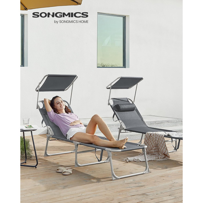 Лежак для відпочинку SONGMICS, розкладний, 193 x 53 x 29 см, до 150 кг, з подушкою, регульована спинка, для саду, басейну, тераси, темно-сірий