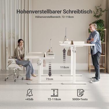 Регульований стіл Claiks для офісу, 120x60 см, білий, 80 кг, 3 положення пам'яті, з гачками