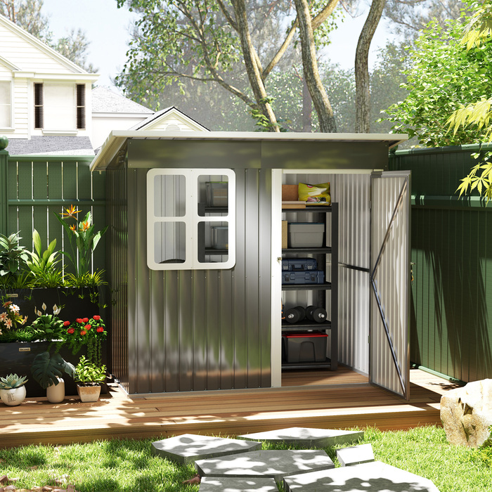 Outsunny – сарай для інструментів 2,55 м², садовий будиночок з похилим дахом, 221 x 133 x 190/173 см, сарай для інструментів із замикаючими дверима та вікном, гараж для велосипедів, шафа для саду зі сталі, для заднього двору, саду, темно-сірий | Aosom