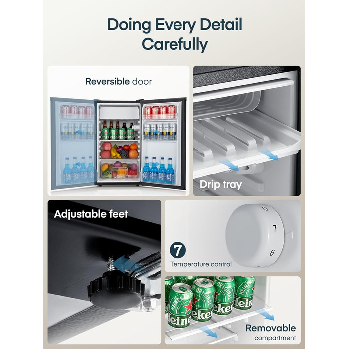 Компактний холодильник FOHERE на 90л з морозильною камерою, відділенням для овочів та 7 рівнями регулювання температури, чорний