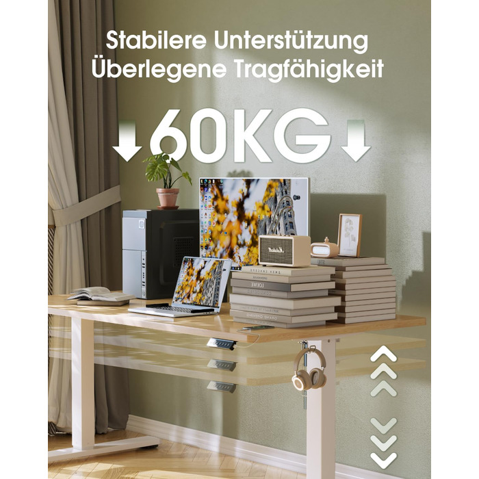 Електричний стіл Flamaker з регулюванням висоти, 160 x 60 см, з пам'яттю, для геймінгу, USB-зарядка (Бежевий)