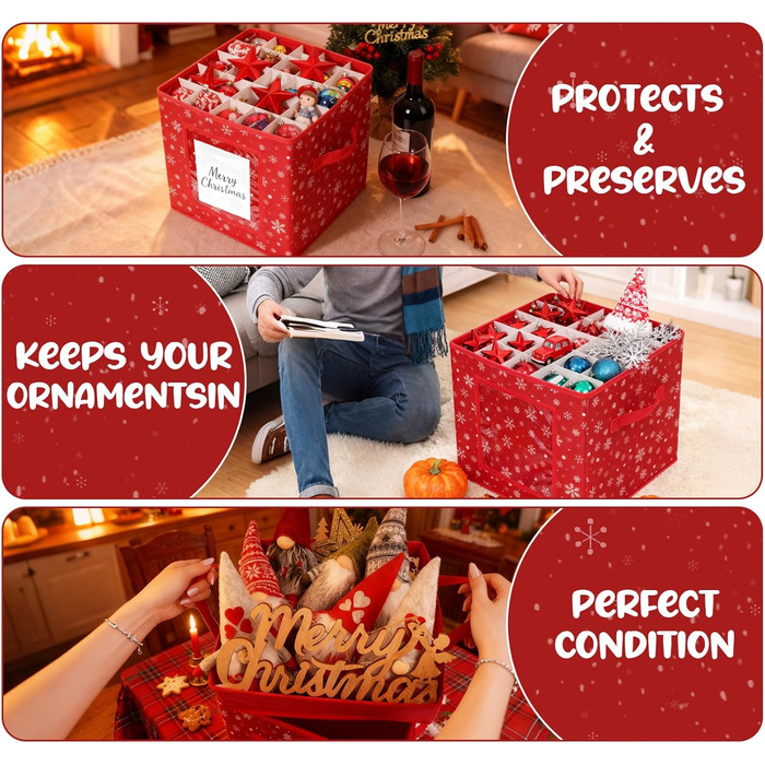 Коробка для зберігання новорічних прикрас з 166 відділеннями, 31x31x30 см, червона, з сніжинками