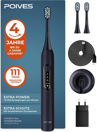 Електрична зубна щітка POIVES P1 Pro з датчиком тиску, 72000 рухів, 4 роки гарантії, 111 днів без ризику, тривалий час роботи, колір: Midnight Blue