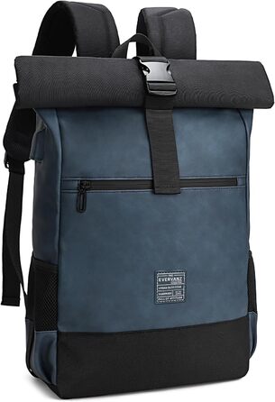 Рюкзак для ноутбука EverVanz Rolltop - шкіра та поліестер, USB-порт для зарядки, 17 дюймів, водовідштовхувальний (синій)