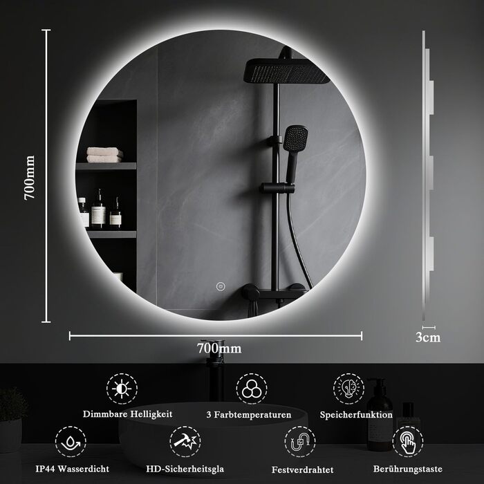 LED-дзеркало для ванної кімнати з підсвічуванням, кругле, 50 см, сенсорне управління, регулювання яскравості, функція пам'яті, HD скло, захист від вибуху, 3 кольори світла, 70x70 см