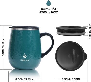 Кружка для кави та чаю Ideus 470 мл з подвійними стінками, нержавіюча сталь, з нековзним ручним тримачем та кришкою-висувним модулем (Трав'яний зелений)