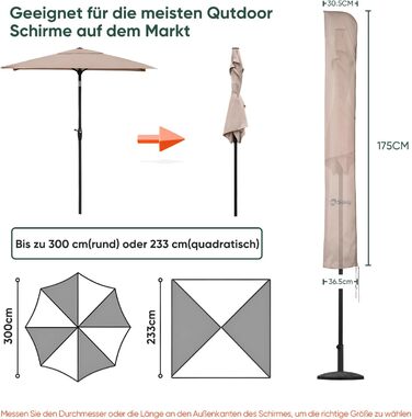 Чохол для парасольки 300 см Sekey Premium | Водонепроникний, UV 50+, з монтажним стрижнем та блискавкою, 175x30,5/36,5 см, Бежевий