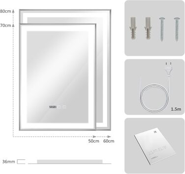 Дзеркало для ванної кімнати YOURLITE з підсвічуванням, 85x55 см, LED, сенсорне керування, 3 кольори світла, регулювання яскравості, антизапар, горизонтальне/вертикальне, IP44, білий (Silver-5070)
