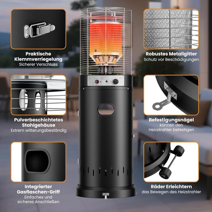 Газовий обігрівач для тераси Heizpilz - 11 кВт, Propan, для саду та тераси, чорний, з регулятором та шлангом 36L x 36W x 137H cm (Газовий балон не входить у комплект)