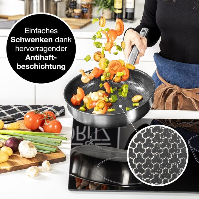 Сковорода з нержавіючої сталі Moritz & Moritz 28 см з керамічним покриттям нового покоління - підходить для всіх типів плит - антипригарна сковорода з вафельною структурою для приготування, смаження та тушкування. Діаметр 28 см (Без кришки, Ø 24 & 28 