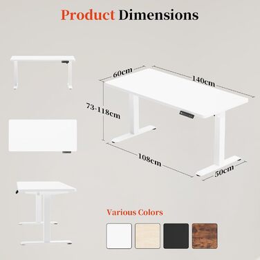 Електричний стіл 140x60 см, регулювання висоти, комп'ютерний стіл, без швів, білий
