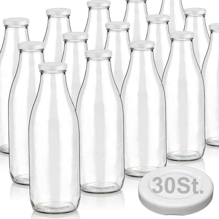 Пляшки для молока об'ємом 1000 мл з 4 кришками, що не містять бісфенолу А, скляні пляшки об'ємом 1 л, також доступні з 4/6/9/12/15 пляшками для смузі, пляшки з широким горлечком, пляшка для молока, порожня для наповнення, пляшка для пиття з кришкою, що за