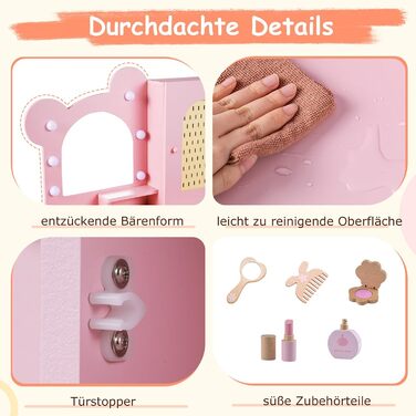 Детский туалетный столик COSTWAY в форме медведя с подсветкой, зеркалом, шкафчиком, 5 ящиками и полками, для девочек от 3 лет (розовый)